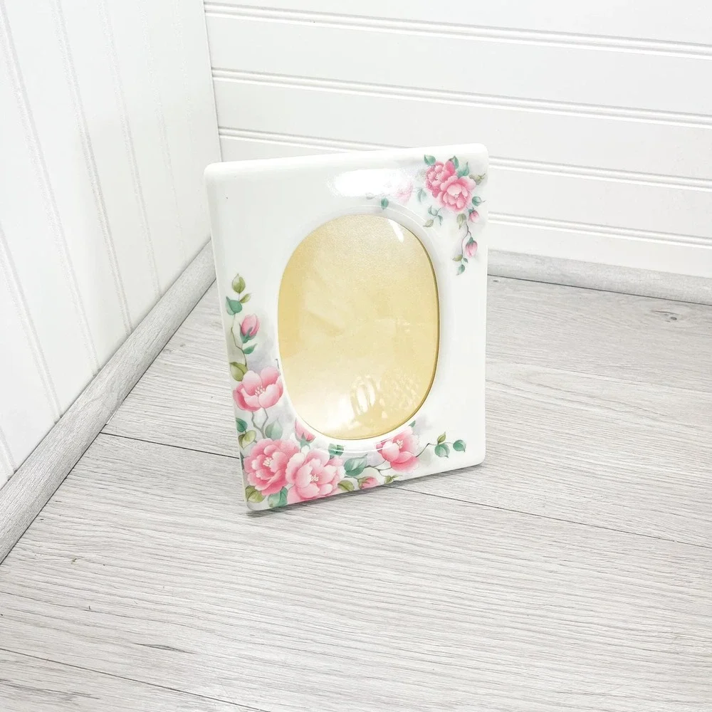 Vintage White Ceramic Picture Frame:‎ Pink Floral Cottagecore Decor